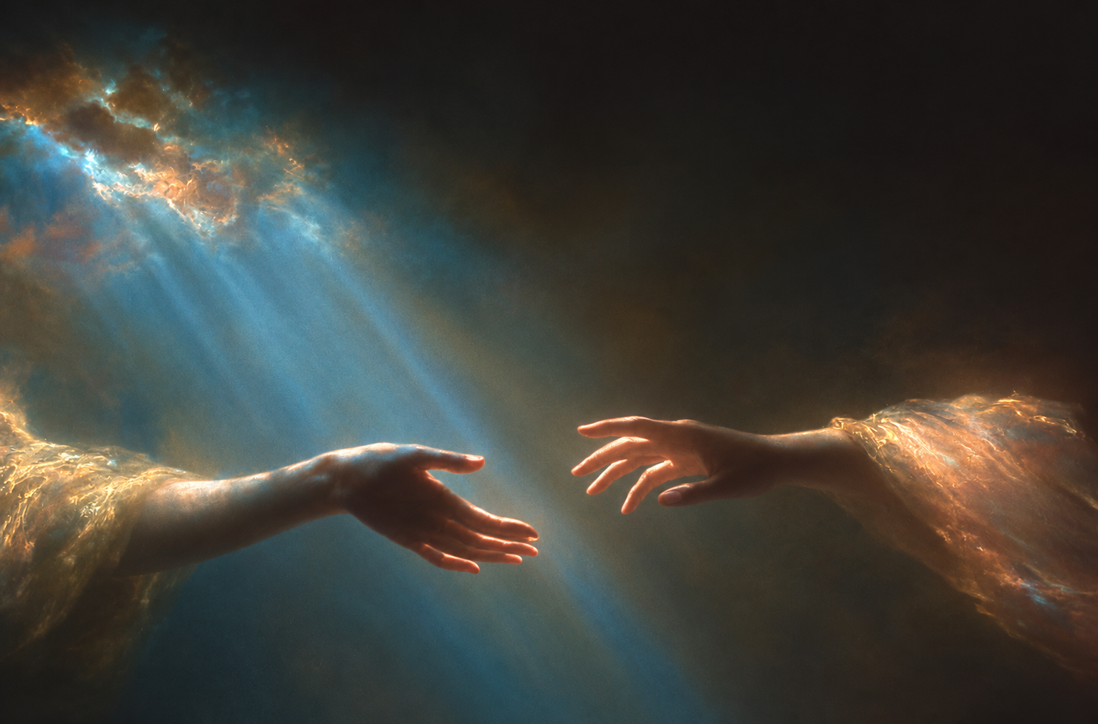 Two hands reaching towards each other through teal light and golden particles