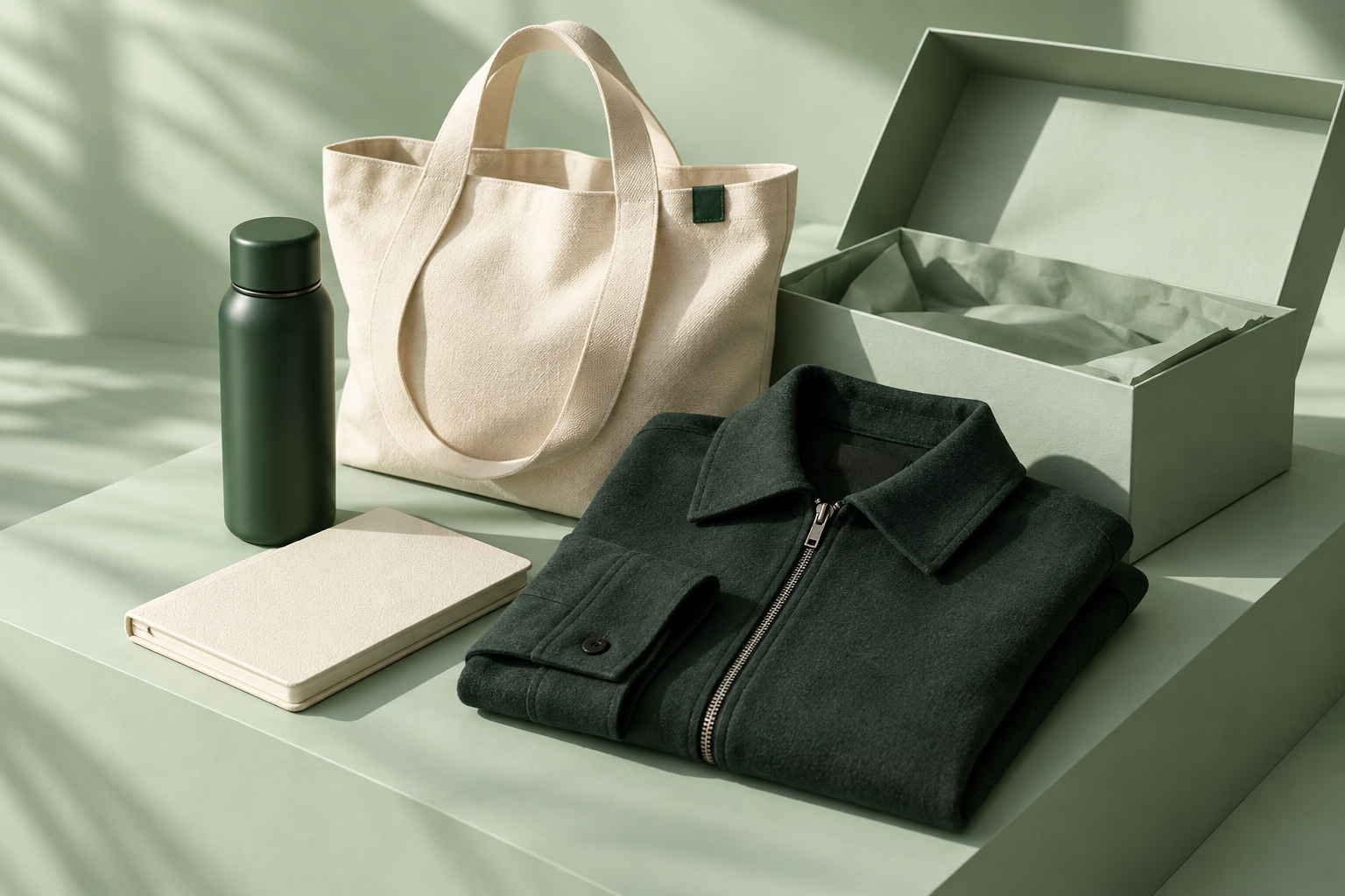Green apparel, flask, tote and notebook arranged as a welcome gift