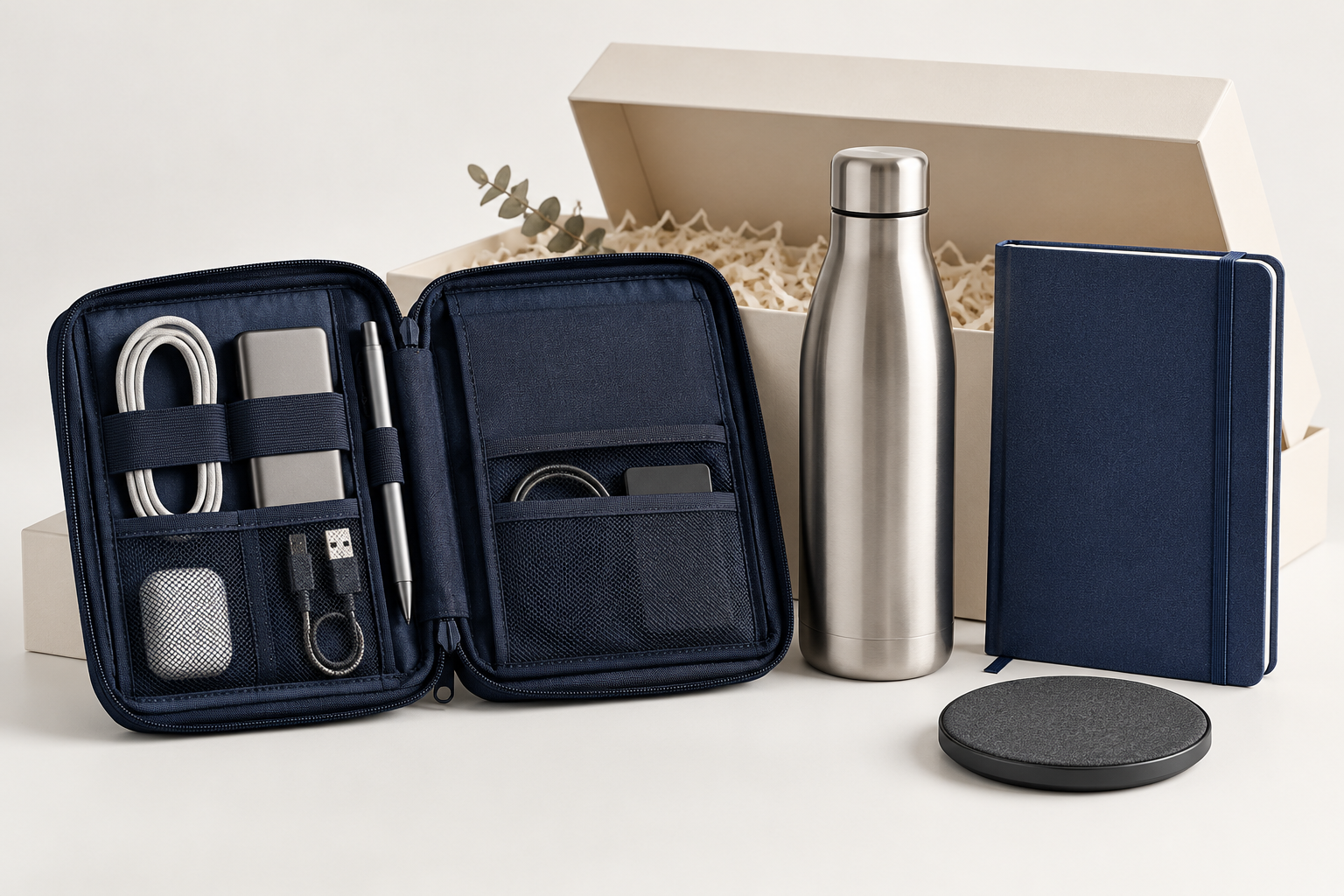 Tech organiser, silver bottle, notebook and charging mat arranged as a partner gift