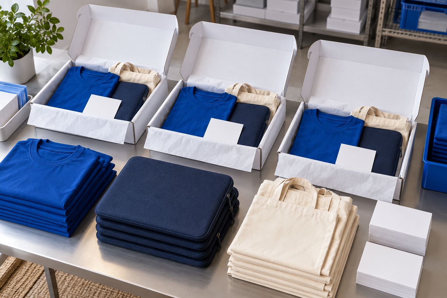 Coordinated blue apparel and laptop sleeves packed in matching mailer boxes