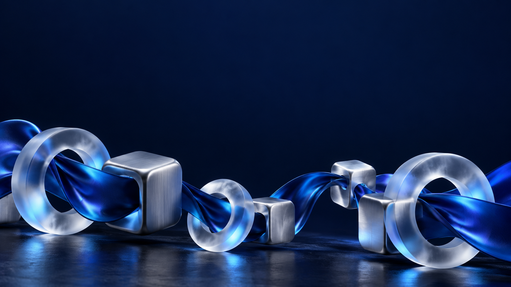 Cobalt ribbon linking glass rings and silver blocks against a midnight-blue backdrop