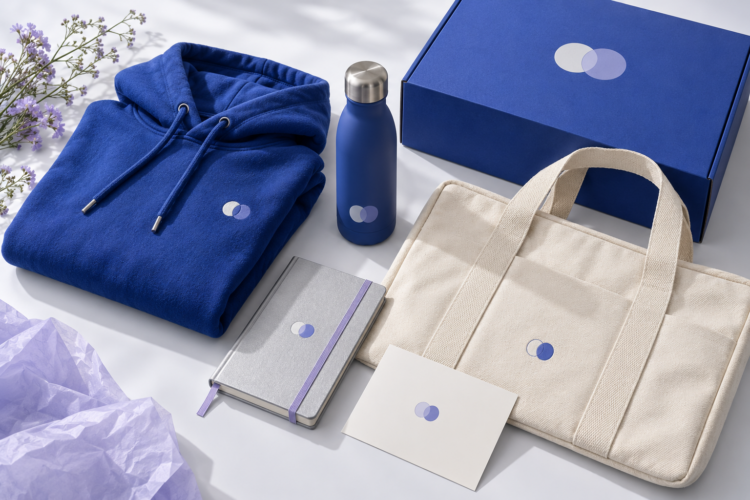 Cobalt hoodie, reusable bottle, notebook and tote presented as an employee welcome kit
